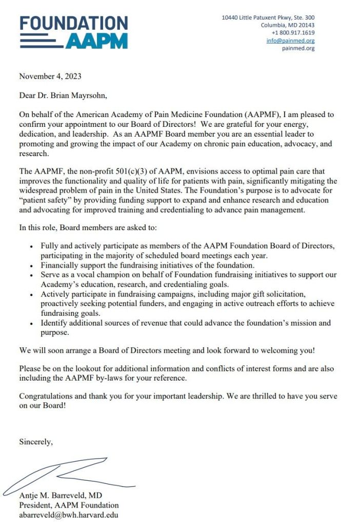 appointed to the Board of Directors for the American Academy of Pain Medicine