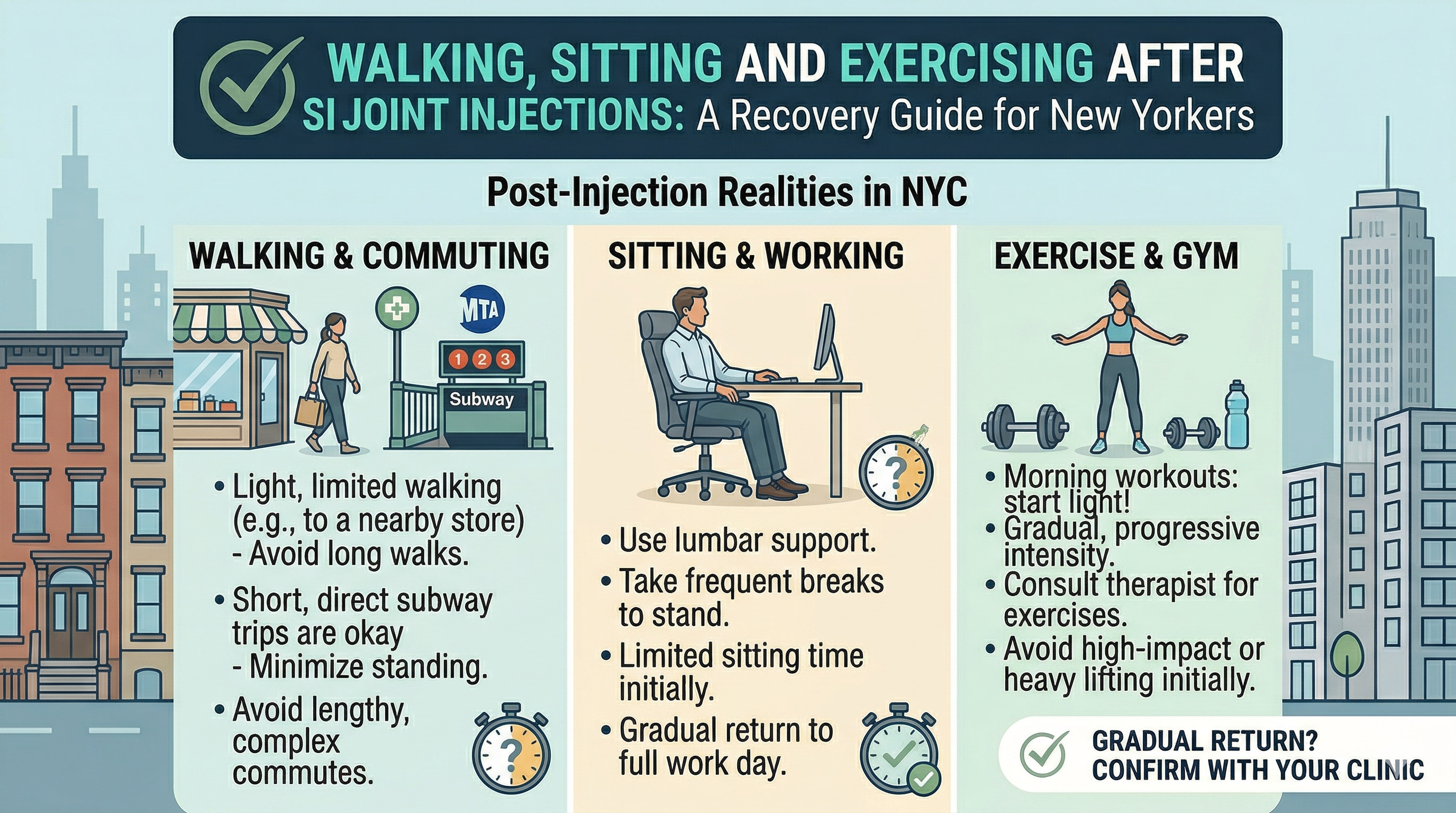 Walking, Sitting and Exercising After SI Joint Injections: A Recovery Guide for New Yorkers