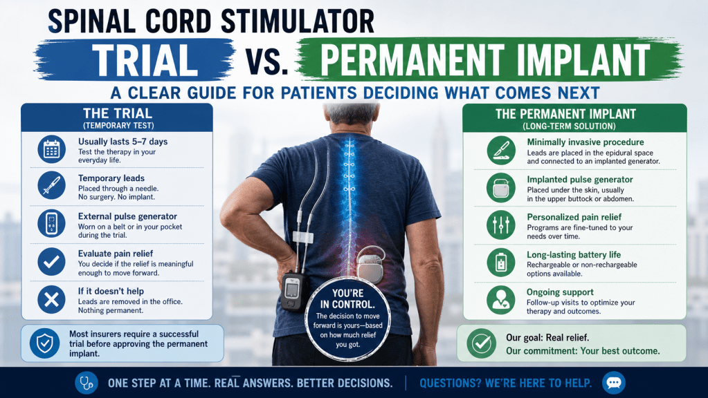 Spinal Cord Stimulator Trial vs. Permanent Implant – A Clear Guide for Patients Deciding What Comes Next